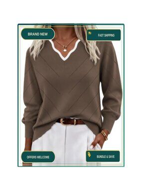 Women's V Neck Color Block Knit Pullover Sweater Long Sleeve Lightweight
